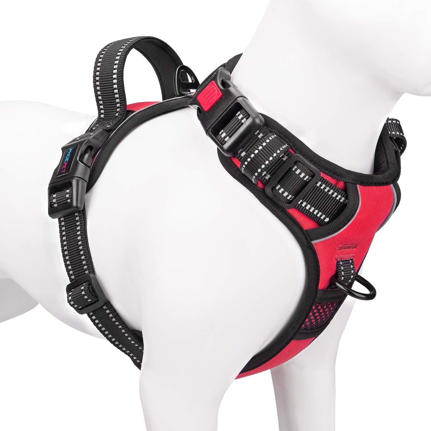 PHOEPET No Pull Dog Harness Medium Reflective Front Clip Vest with Handle,Adjustable 2 Metal Rings 3 Buckles[Easy to Put on & Take Off](M, Red) Medium Red