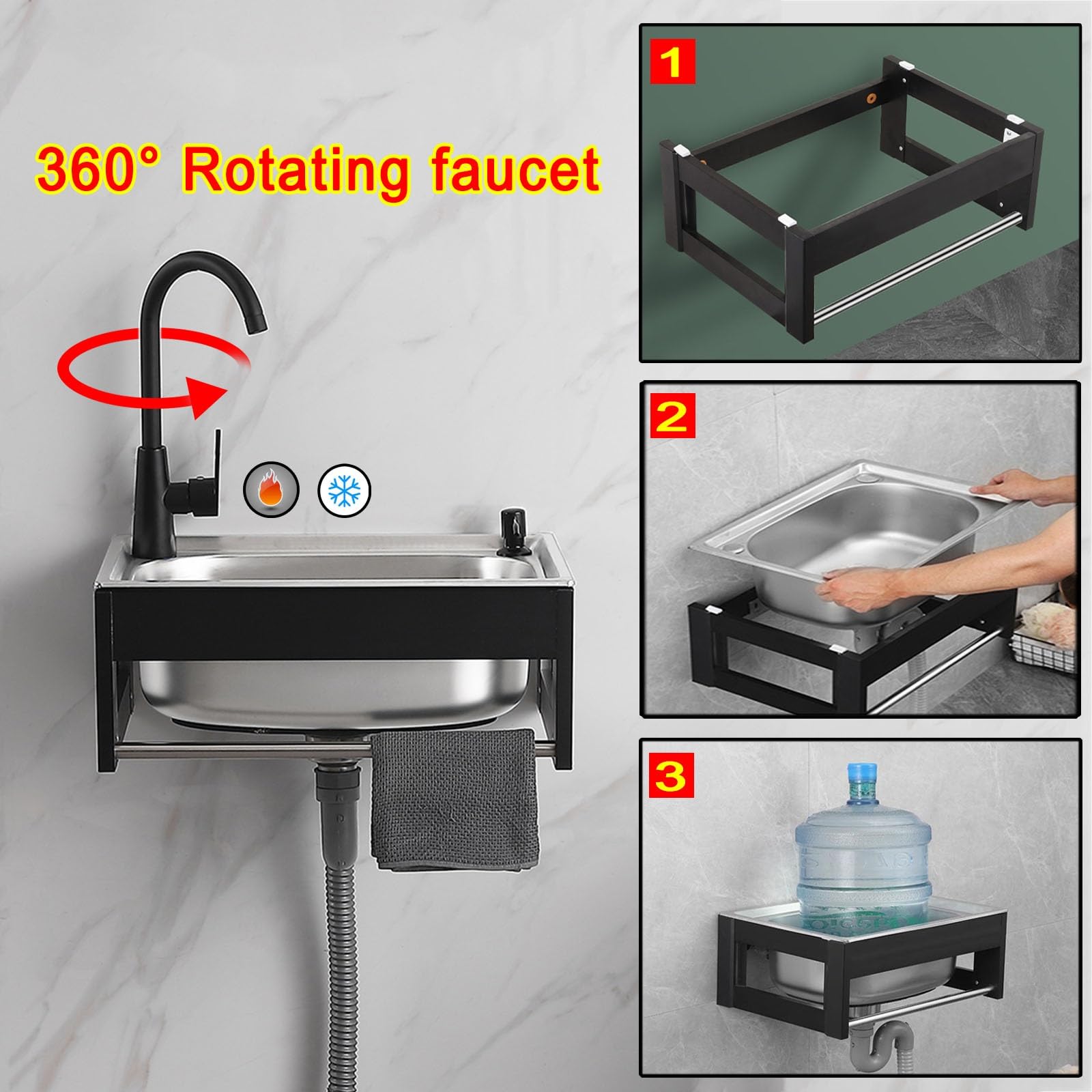 Küchenspüle Für Außen Innen, Wandhängendes Edelstahlspüle Spülbecken Mit Wasserhahn Und Drainage-Komponenten, Einzelbecken Gewerbe-spülbecken Mit Ständer, Kratzfest, Rostschutz