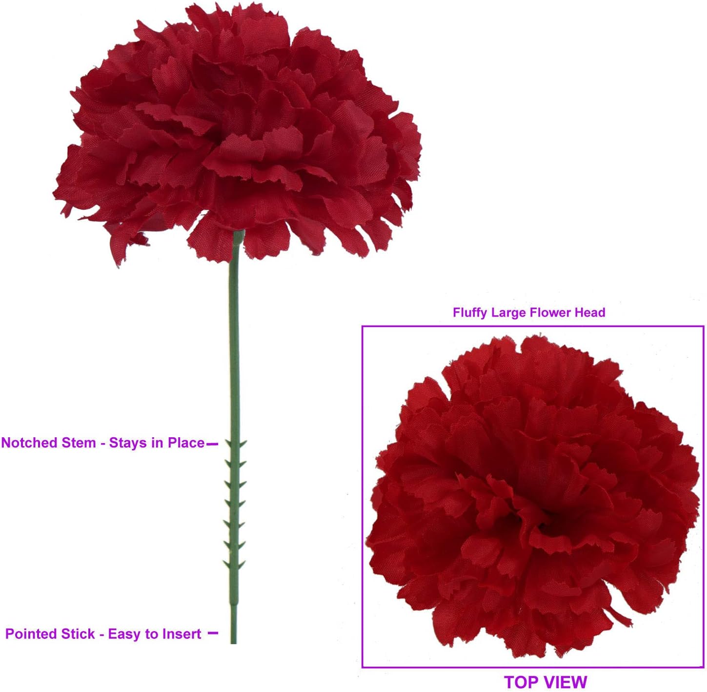Box of 100: Artificial Carnation Flower Picks | 5" Long | 3.5" Wide | Burgundy | Floral Picks | Crafting Supplies | Parties & Events | Home & Office Decor