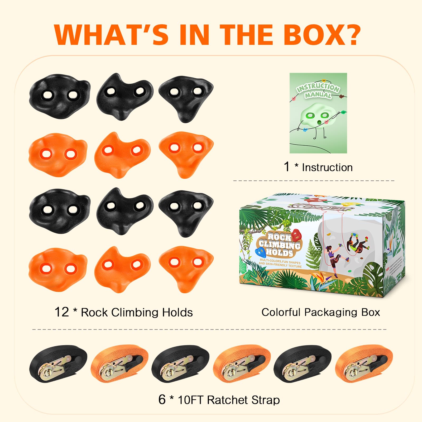 TOPNEW 12 Ninja Tree Climbing Holds for Kids Climber, Orange & Black Tree Climbing Kit with 6 Ratchet Straps for Outdoor Ninja Warrior Obstacle Course Training