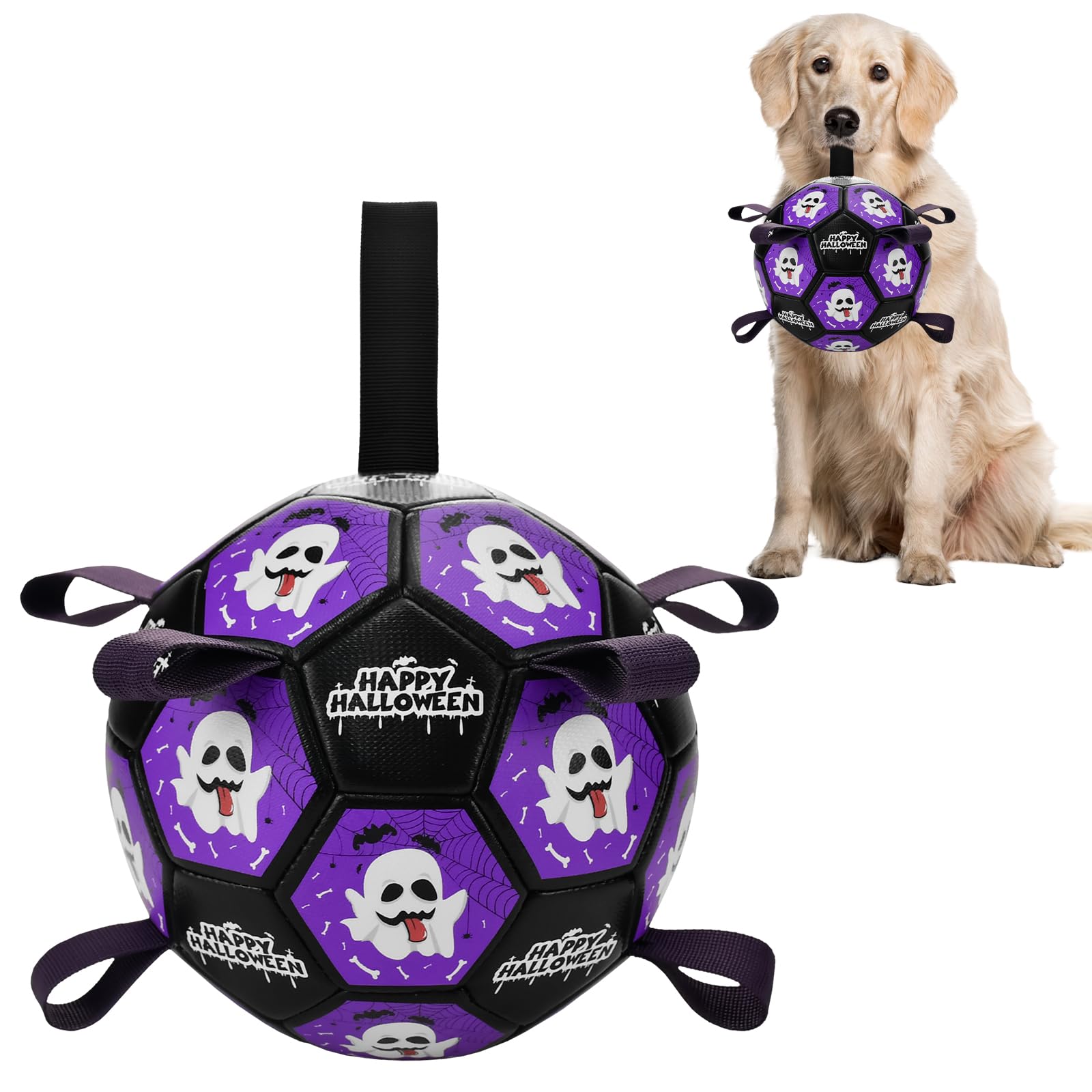 Dog Soccer Toy with Straps Halloween Dog Interactive Ball Toy for Tug of War Halloween Dog Tug Ball
