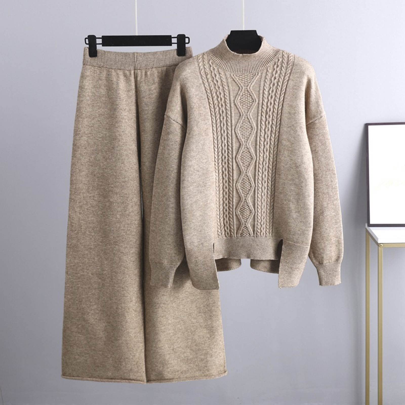 Femme 2 Pcs Pull Ensemble Tricoté Hiver Sweater Top en Maille Sweatshirt Chaud Chandail Sport Pantalon Jambe Large Hiver Ensemble Sportswear Mode Tenue Sport 2 Pièces