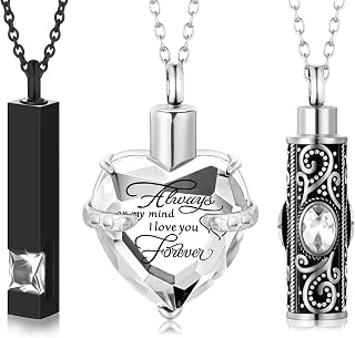 MTLEE 3 Pieces Cremation Urn Necklace for Ashes Vertical Bar Zircon, Heart Crystal Necklace Urn Stainless Steel Waterproof Memorial Pendant