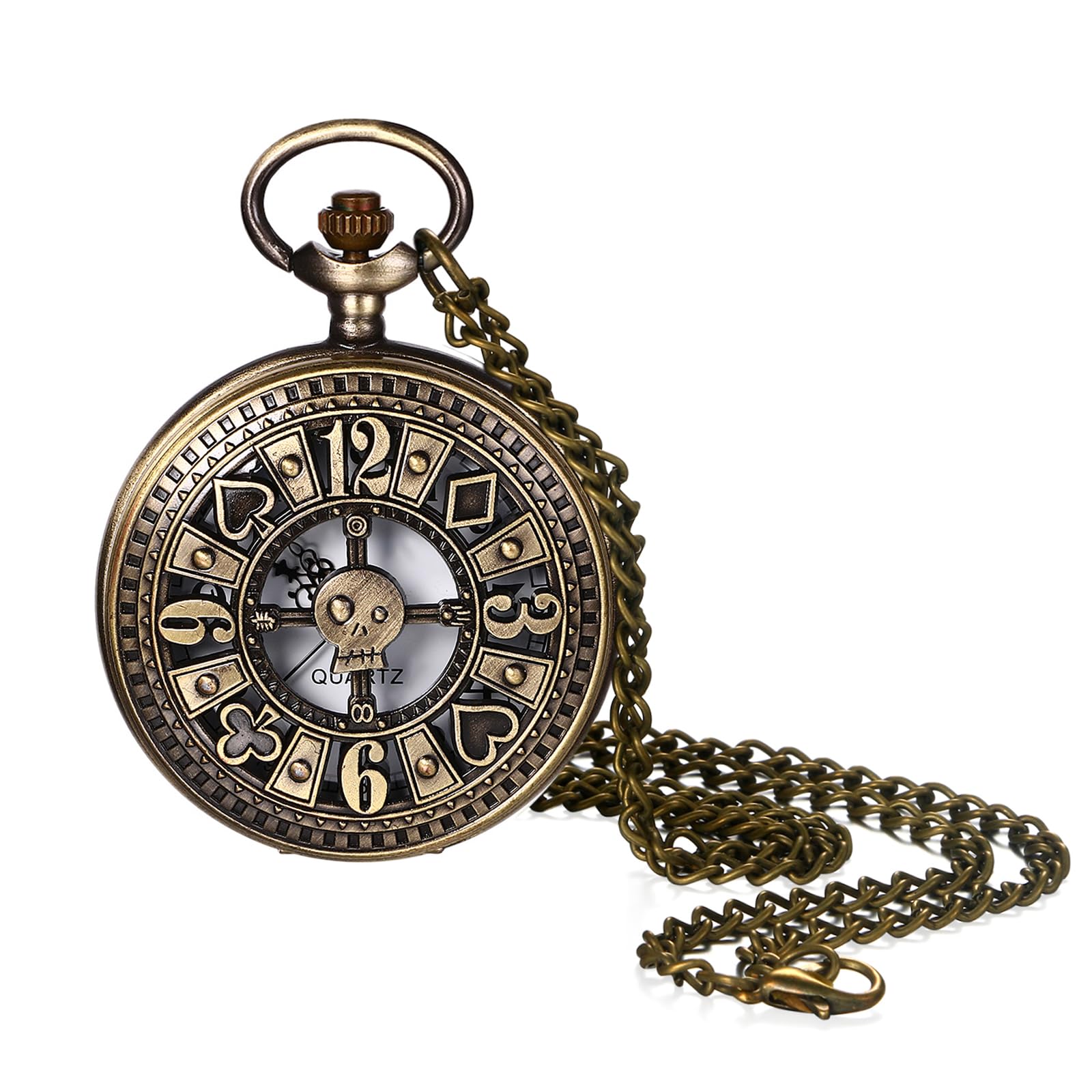 JewelryWe Steampunk Poker Pocket Watch: Men Women Vintage Round Analog Quartz Watch Classic Pendant Necklace Watch with Chain for Valentine's Day