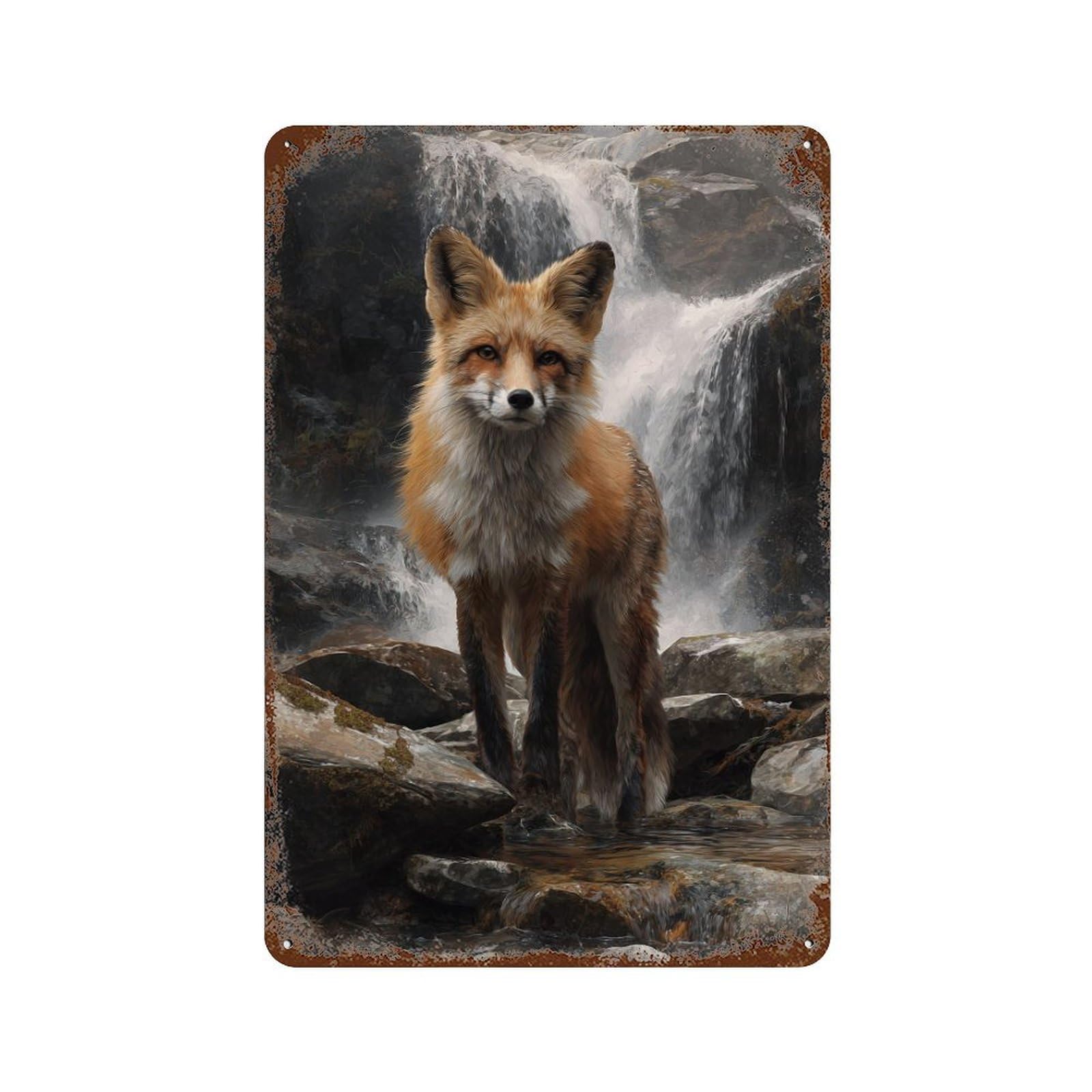 Rust Effect Fox by Waterfall Painting Aged Metal Wall Plaque 11.8"x7.9", Shabby Chic Decor for Living Room, Hallway And Home Decor
