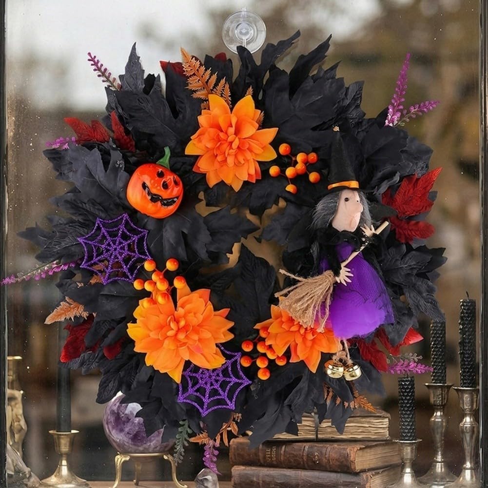 Świąteczny wieniec na drzwi Halloween z dynią czarownicy