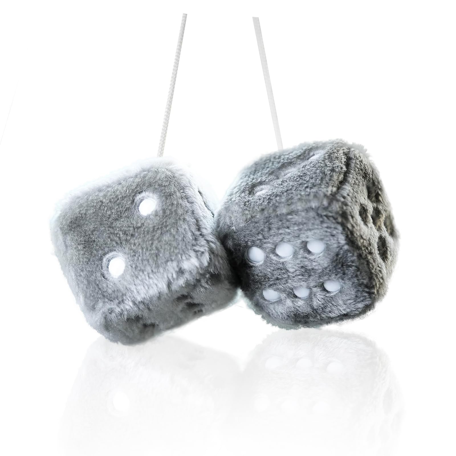 Pair 3” Inch Hot Stamped Polka Dot Fuzzy Plush Dice, Cute Retro Plush Car Interior Accessories for Car Rearview Mirror Hanging Decoration(Gray)