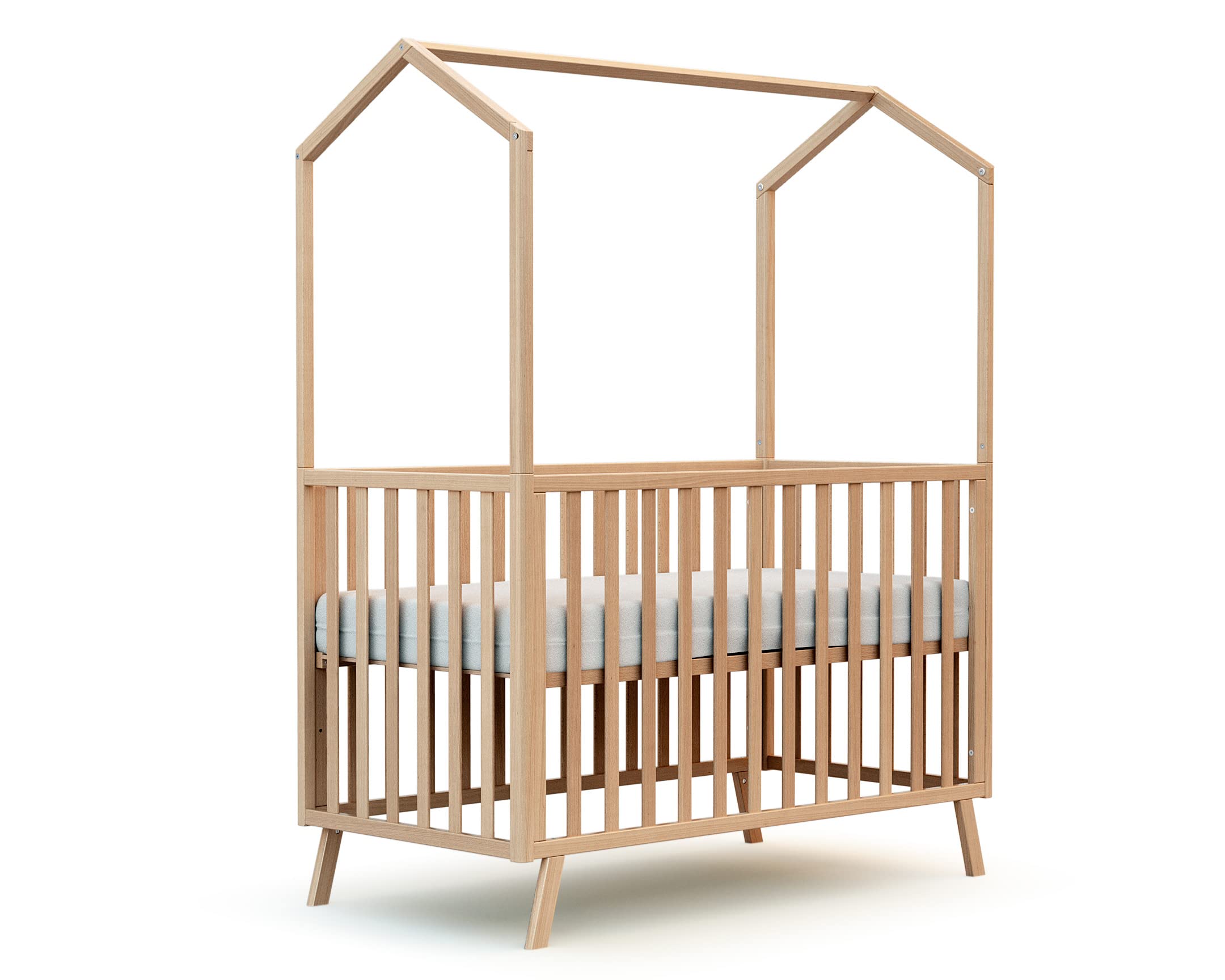 AT4 - Cuna bebé casita evolutiva CONFORT madera - Haya Barnizada - 60 x 120-125,50 x 64 x 158 cm