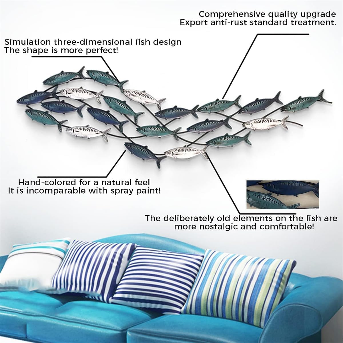 Decorazione da Parete in Metallo, Decorazione da Appendere a Forma di Pesce 3D, Grande Ferro Blu, Oceano costiero, Mare, Pesce in Metallo, Decorazione da Parete, per Soggiorno, Camera da Letto