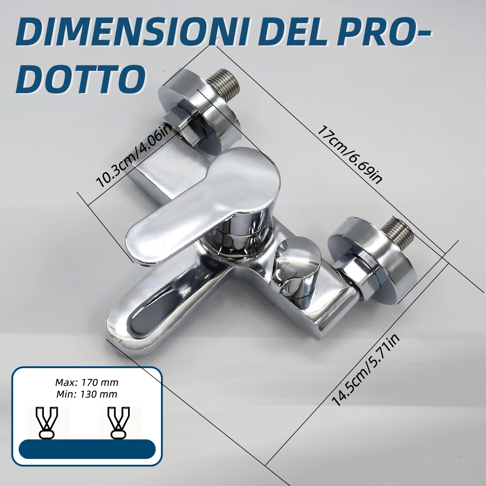Rubinetto per vasca da bagno, montaggio a parete, miscelatore monocomando con beccuccio doccia da 1/2", superficie cromata (moderna)