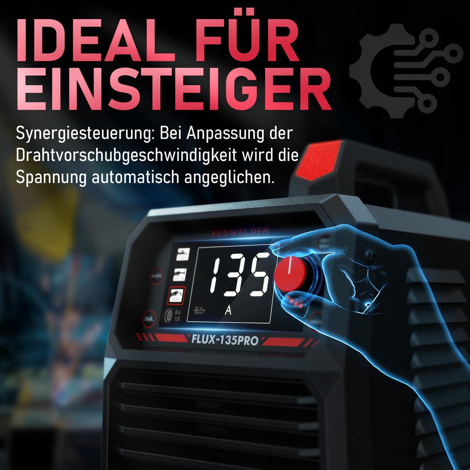 YESWELDER 135Amp MIG Fülldraht Schweißgerät ohne Gas, 230V Flux MIG/Lift TIG/Stick 3-in-1 Fülldrahtschweißgerät LED Digitalanzeige Schweißgerät mit 2 Spulen Fülldraht