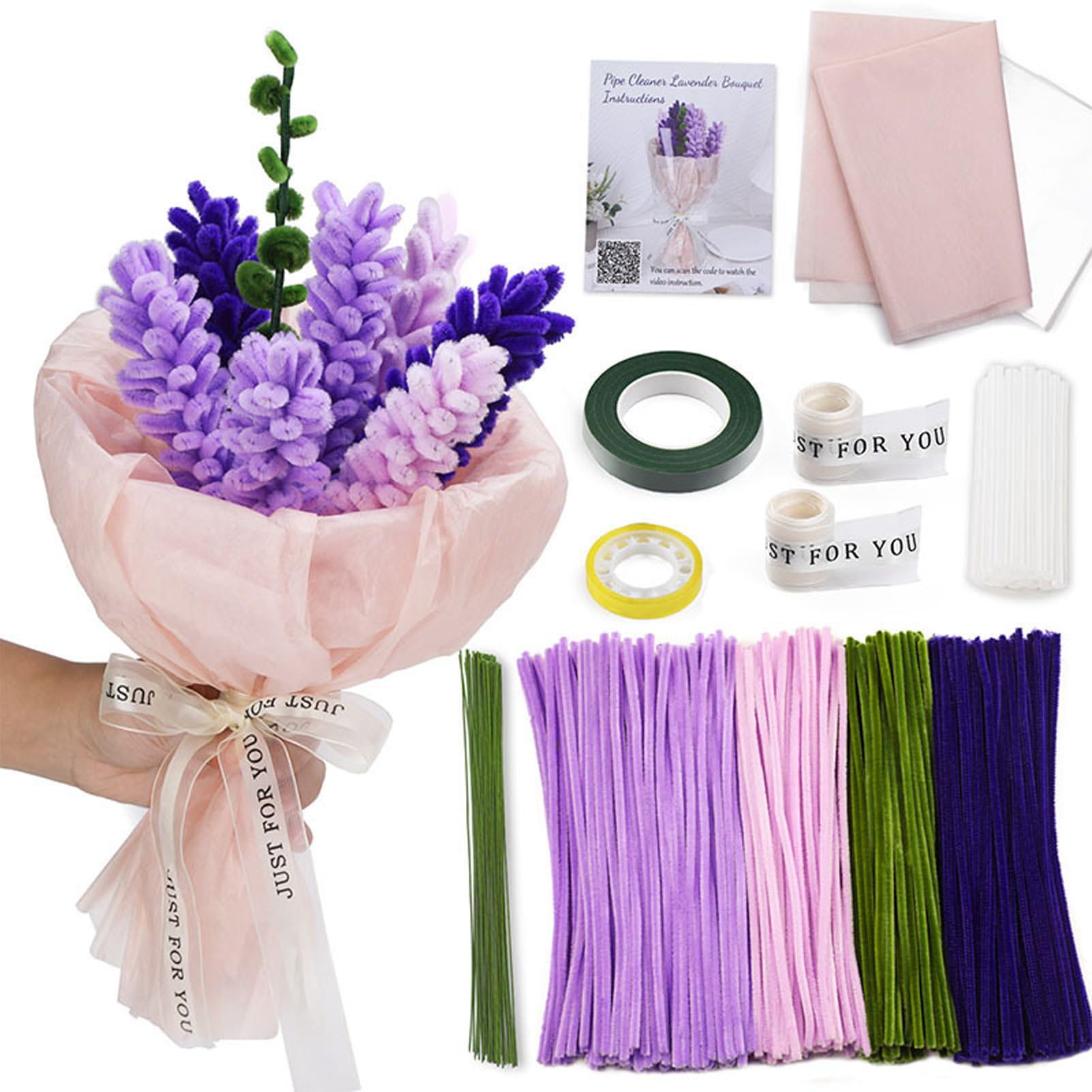 400Pcs Pipe Cleaners for Craft,Multi-Coloured,DIY Flower Making Kit With Chenille Floral Stems,Gardening Tape,Ribbon,Packing Paper,Ideas For Art Activity (Lavender Kit)