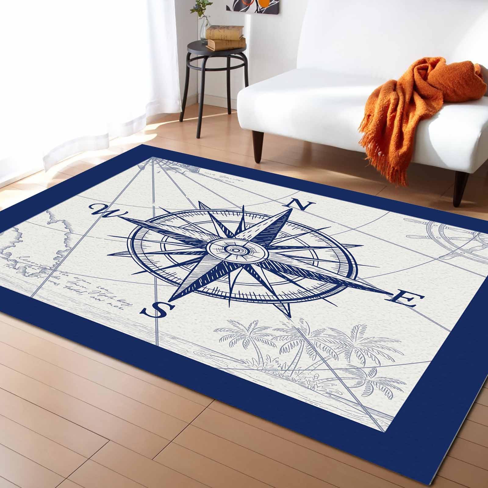 DecorLovee Navy Blue Nautical Indoor Outdoor Area Rug, Large Area Rugs for Living Room Bedroom, Beach Ocean Coastal Compass Non Slip Bathroom Rugs