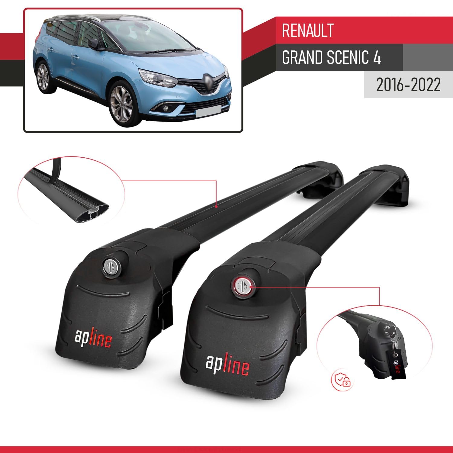 RE&AR Tuning Compatible avec Renault Grand Scenic 4 2017-2022 ACE-2 Barres de Toit Railing Porte-Bagages de Voiture Noir Aluminium 2 Barres