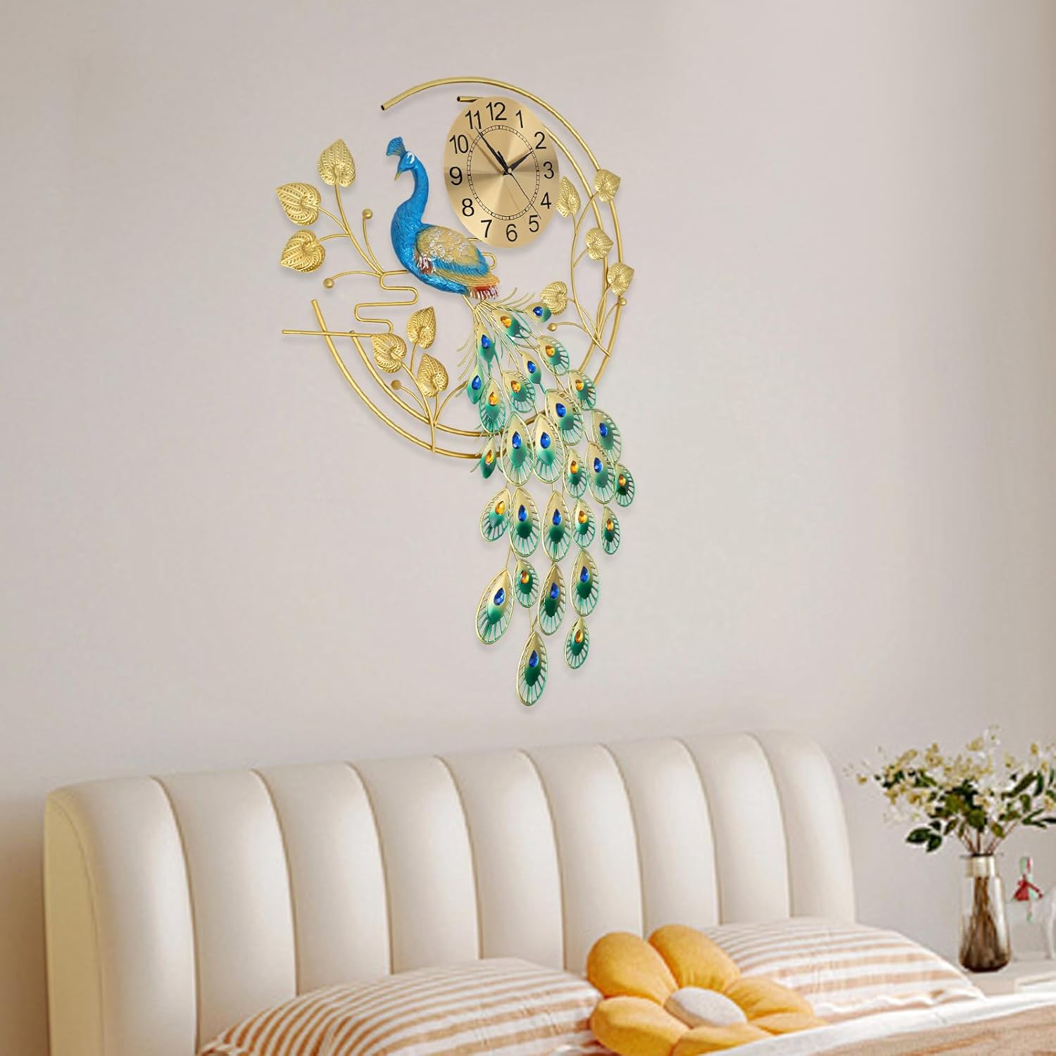 36.6 Inch Large Peacock Wall Clock, 3D Metal Non-Ticking Silent Peacock Wall Clocks, Large Hanging Wall Clock Digital Wall Watch Clock for Living Room Bedroom Office