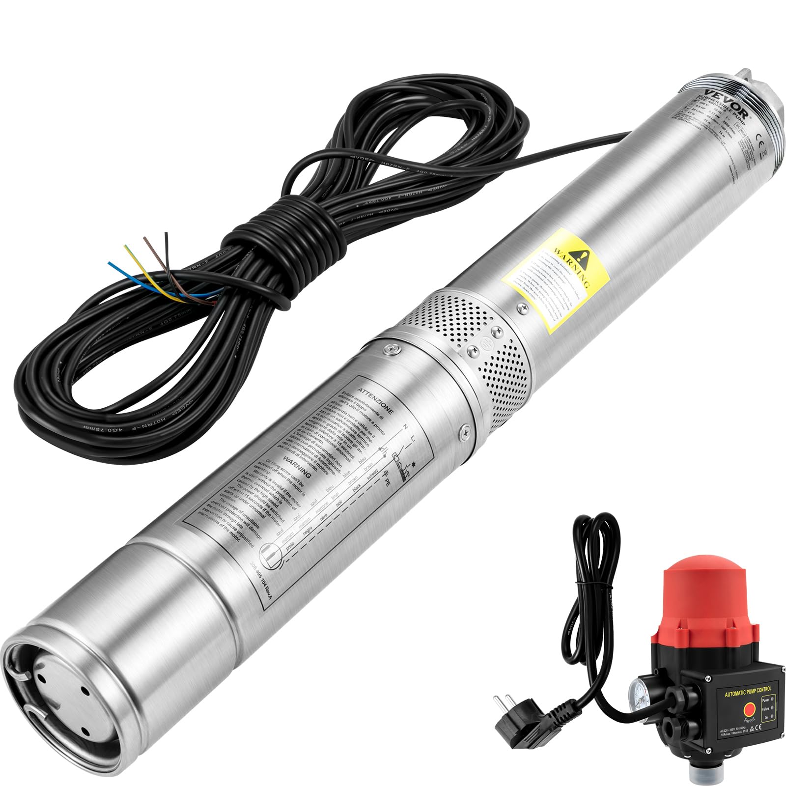 VEVOR 3'' Tiefbrunnenpumpe 550W Brunnenpumpe Max. Durchfluss 50L/min Tauchpumpe Förderhöhe 89m Tauchwasserpumpe Sandbeständig <5% Drehzahl 2850U/min Süßwasserversorgung Bewässern Entwässerung, Silber