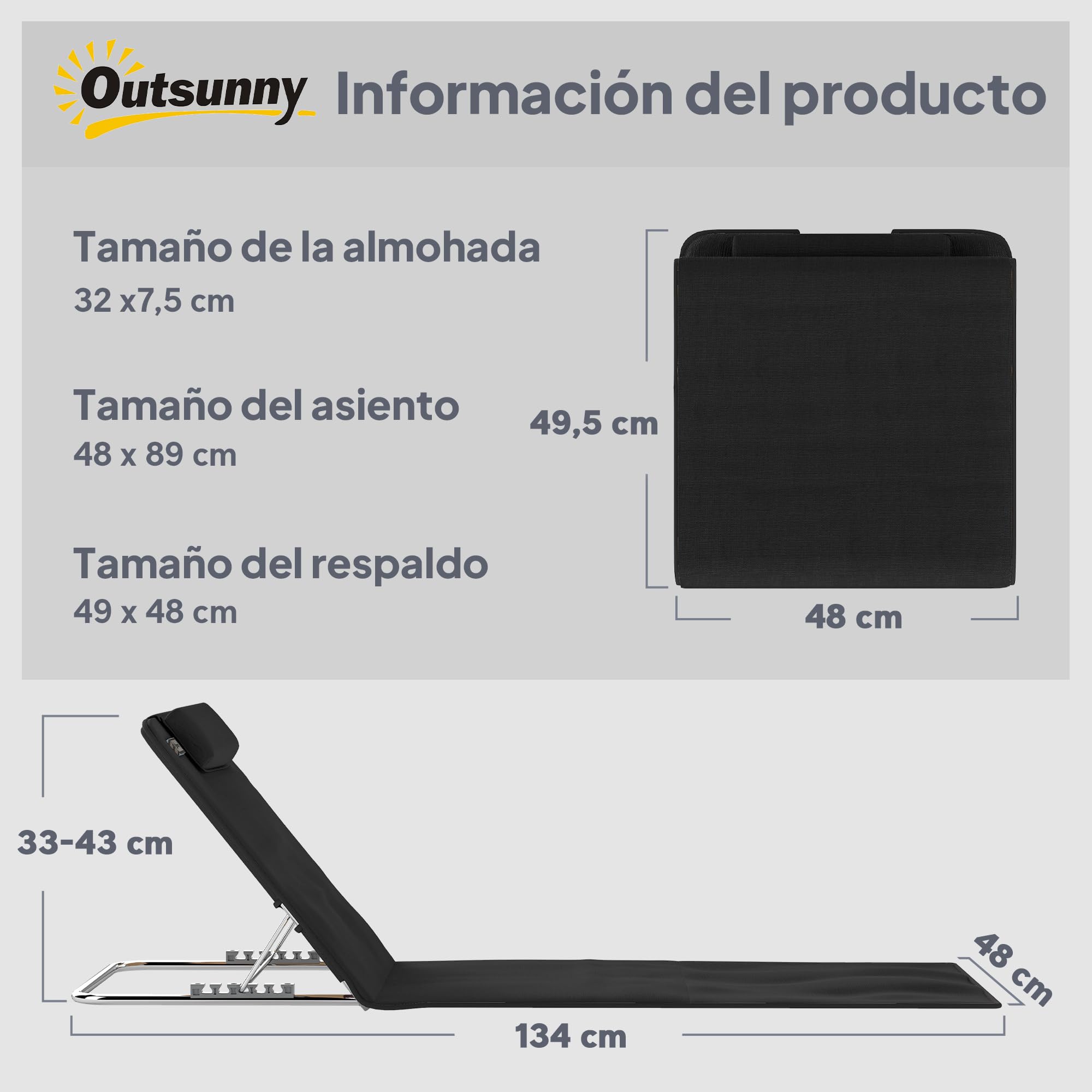 Outsunny Conjunto de 2 Esterillas de Playa Plegable Esterillas con Respaldo Reclinable en 5 Niveles Reposacabezas y Bolsa de Transporte 134x48x33-43 cm Negro