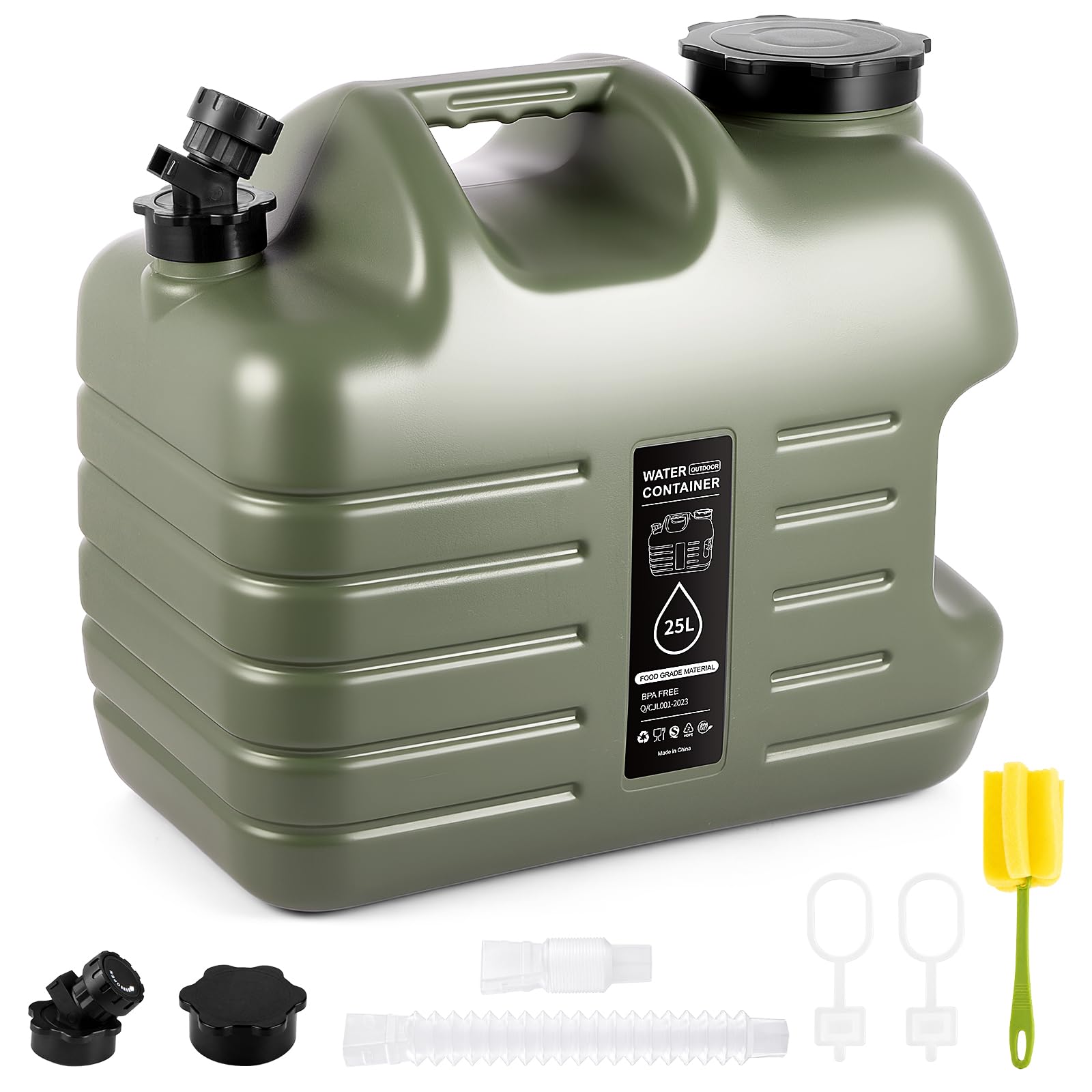 BREEZENEST Water Container, Outdoor Water Jug, No-Leak Water Storage, BPA Free Portable Water Carrier with Tap for Camping, Outdoor, Emergency Military Green 25L