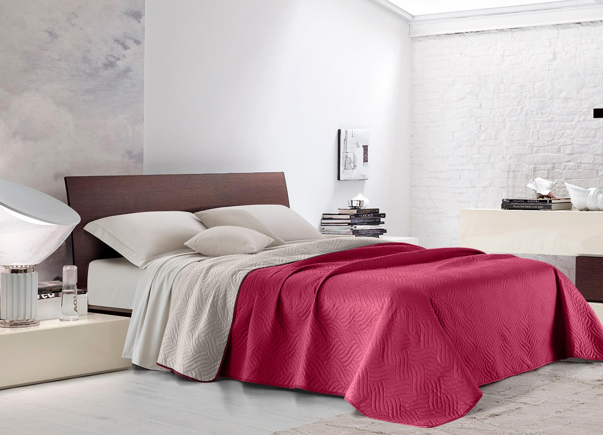 IlGruppone Trapuntino Matrimoniale 250x250 cm Primaverile Estivo, Copriletto Double Face Anticarro e Traspirante, Imbottitura 100 gr/mq - Trapunta Estiva Leggera Bicolore (Matrimoniale, Bordeaux)