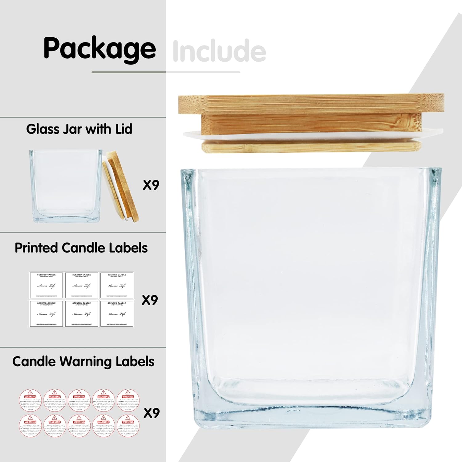 Creahaus 9-Pack Thick Glass Square Candle Jars with Bamboo Lids - 10oz Capacity with Warning Labels - DIY Candle Vessels