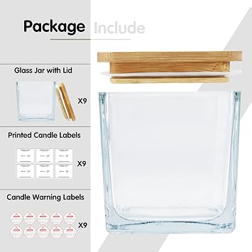 Creahaus 9pack, 10oz Square Candle Jars with Bamboo Lids, Thickened Glass Candle Containers with Warning Labels, Empty Vessels for Candle Making DIY Craft