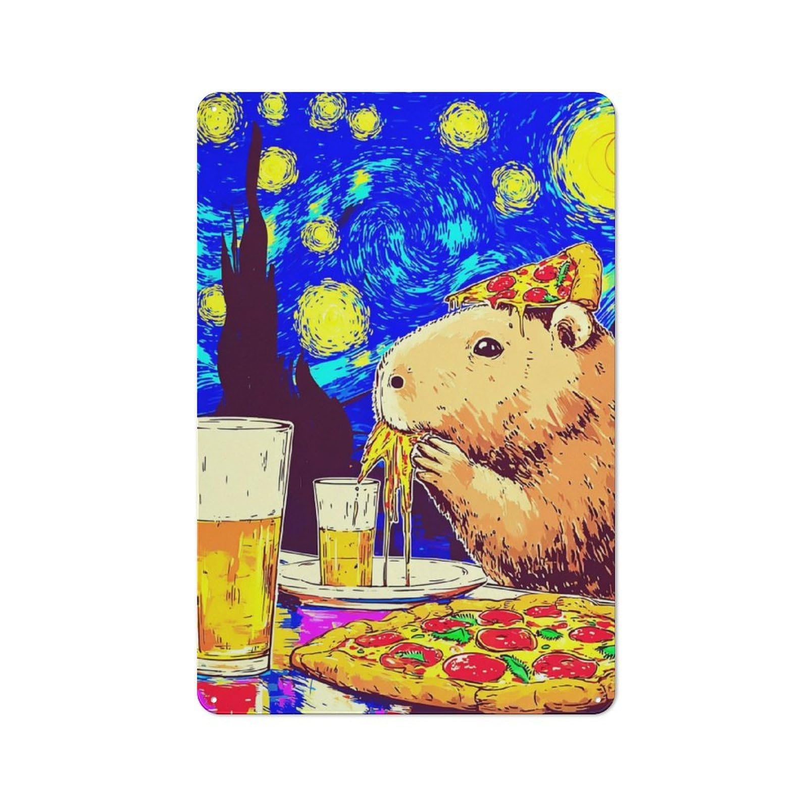 Junmoney Capybara Enjoying Pizza Night Metal Wall Sign 30X20cm Featuring For Café Or Home Bar, A Winter Wall Decor Update For Hospitality Decor Collectors