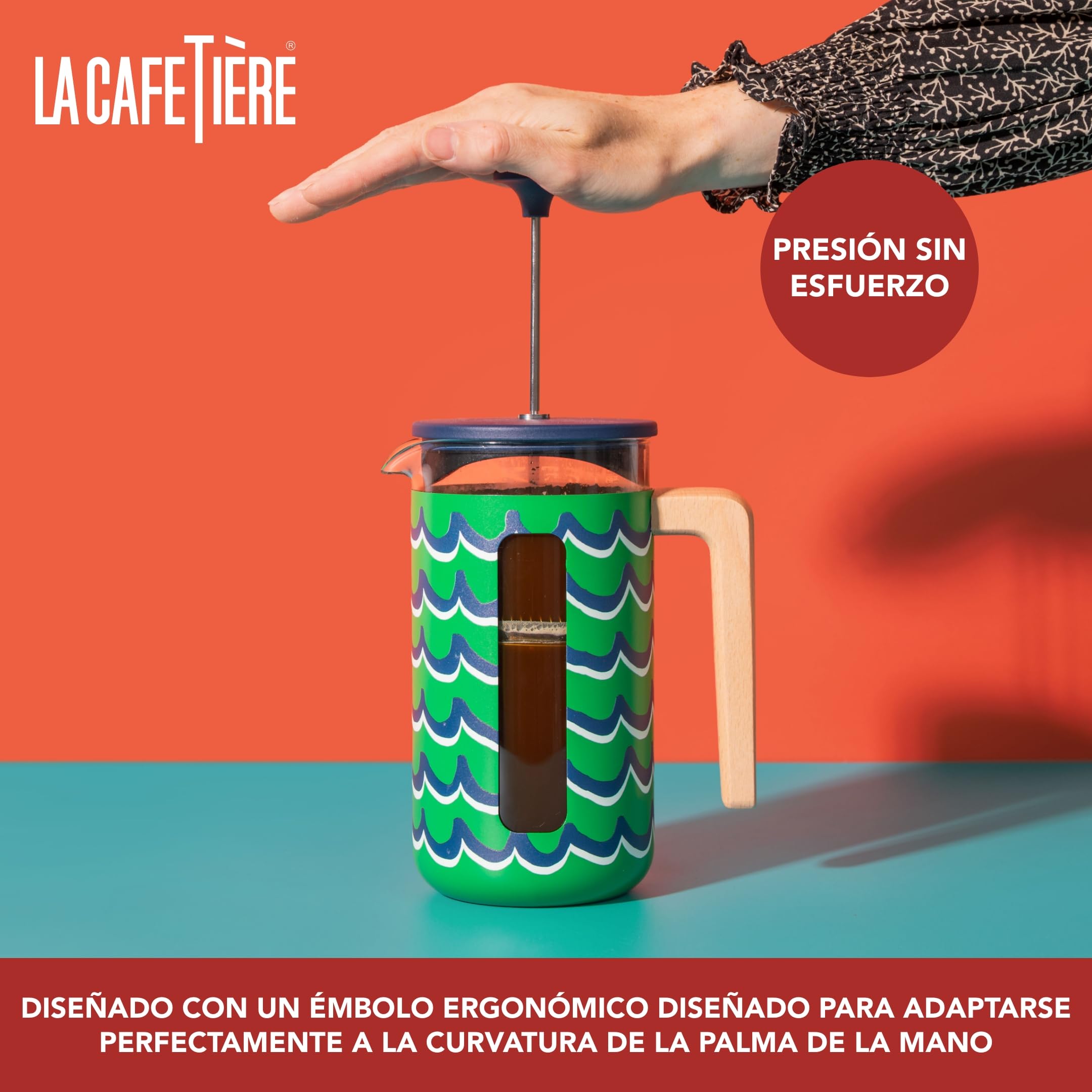 La Cafetière Pisa - Cafetera grande de prensa francesa con diseño de remolino, cafetera de cerámica resistente al calor de 1 L con émbolo de fácil agarre, té suelto y café molido, Cyan Tides