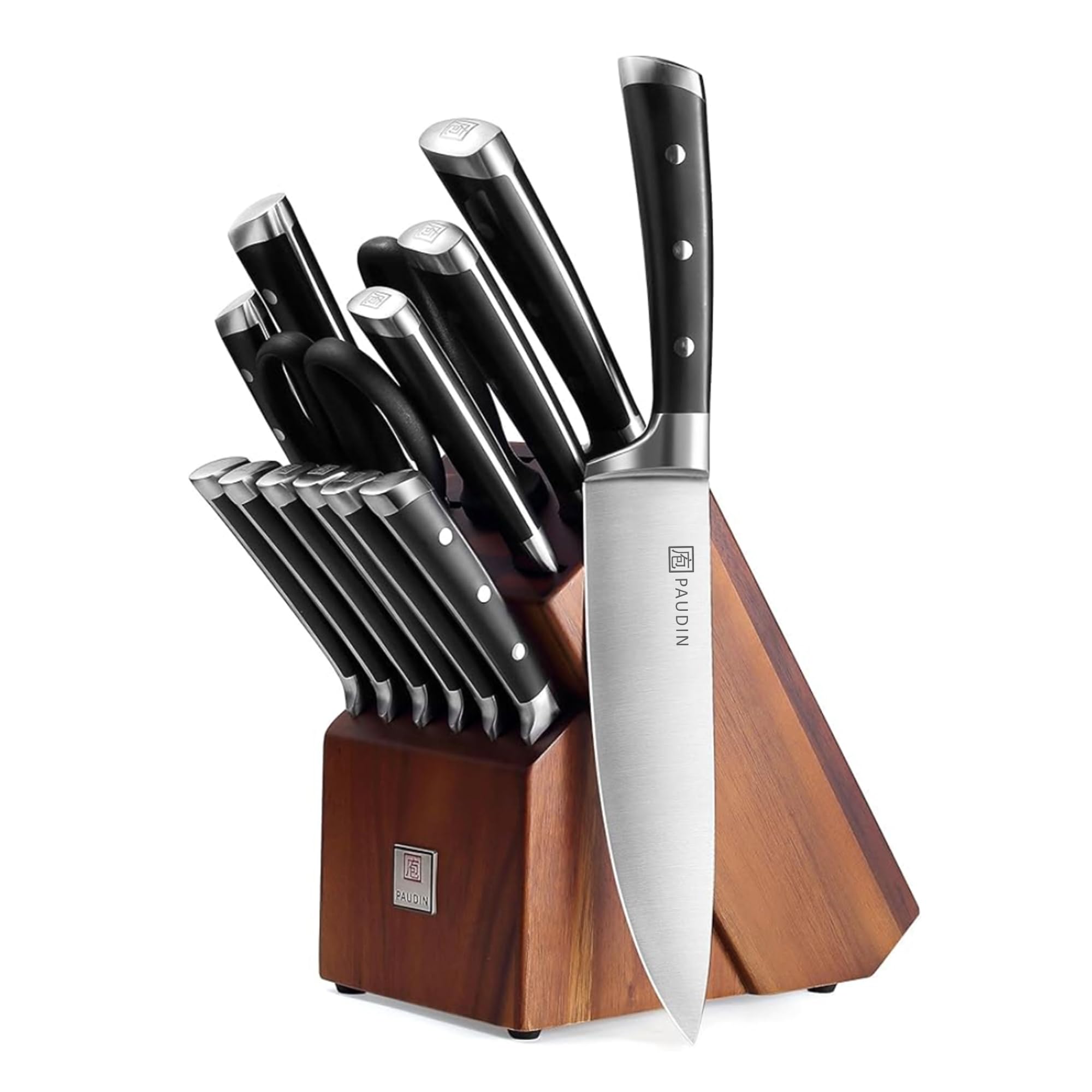 PAUDIN Knife Block Set, 15 Pieces Knife Set with Block, High Carbon Stainless Steel Kitchen Knife Set with Sharpener, Knives Set for Kitchen with Full Tang Triple Rivet Handle