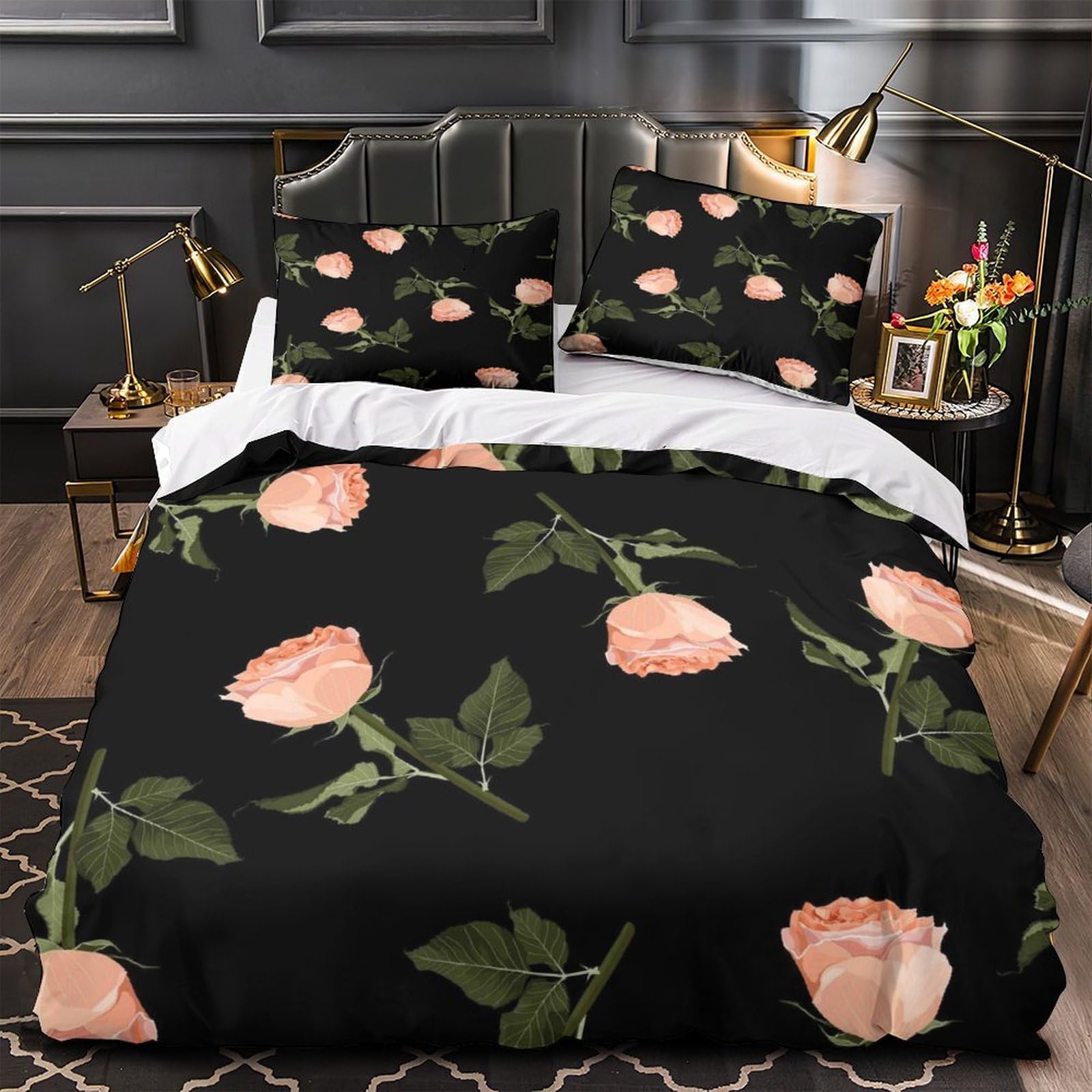 Housse de couette roses 3D 220x240 cm en microfibre avec 2 taies d'oreiller pour lit King