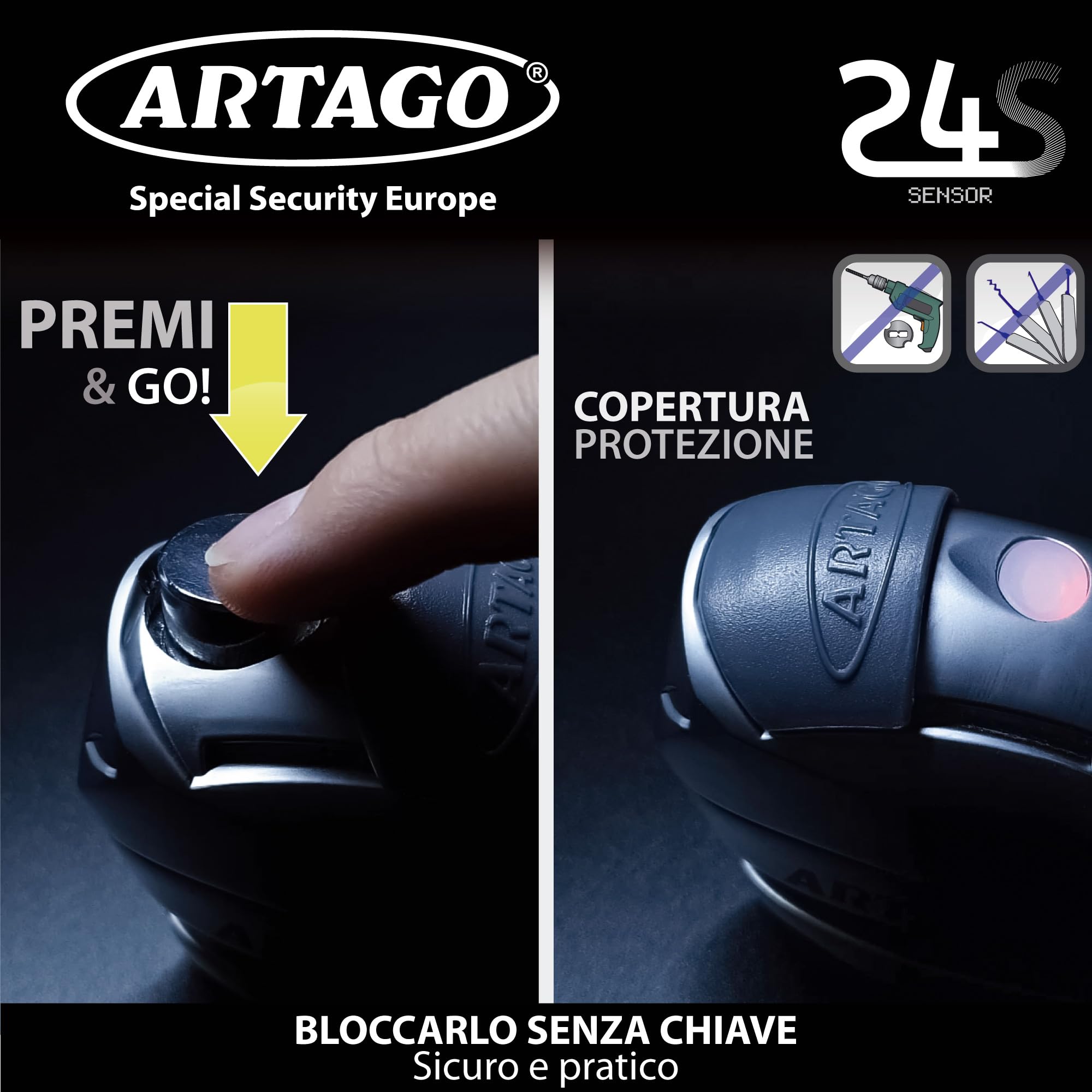 Artago 24S.6M Antifurto Moto Blocca Disco, Allarme 120 Db Avviso Smart, ø 6 mm, Metallico, Universale Moto Scooter Bici