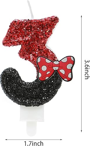 Miniatura 2 de Vela de cumpleaños número 3, velas de número de lentejuelas rojas y negras con lazo rojo 3rd Glitter Cake Candles
