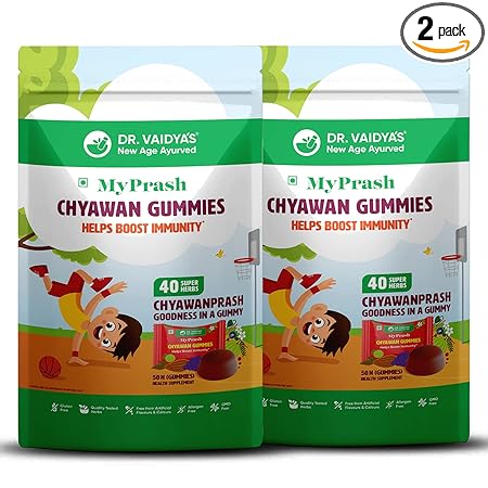 Dr Vaidyas Chyawan Gummies | Natural Chyawanprash in gummies | Enriched with 40 super herbs | Perfect immunity friend for kids | Pack of 2 (50 Gummies each)