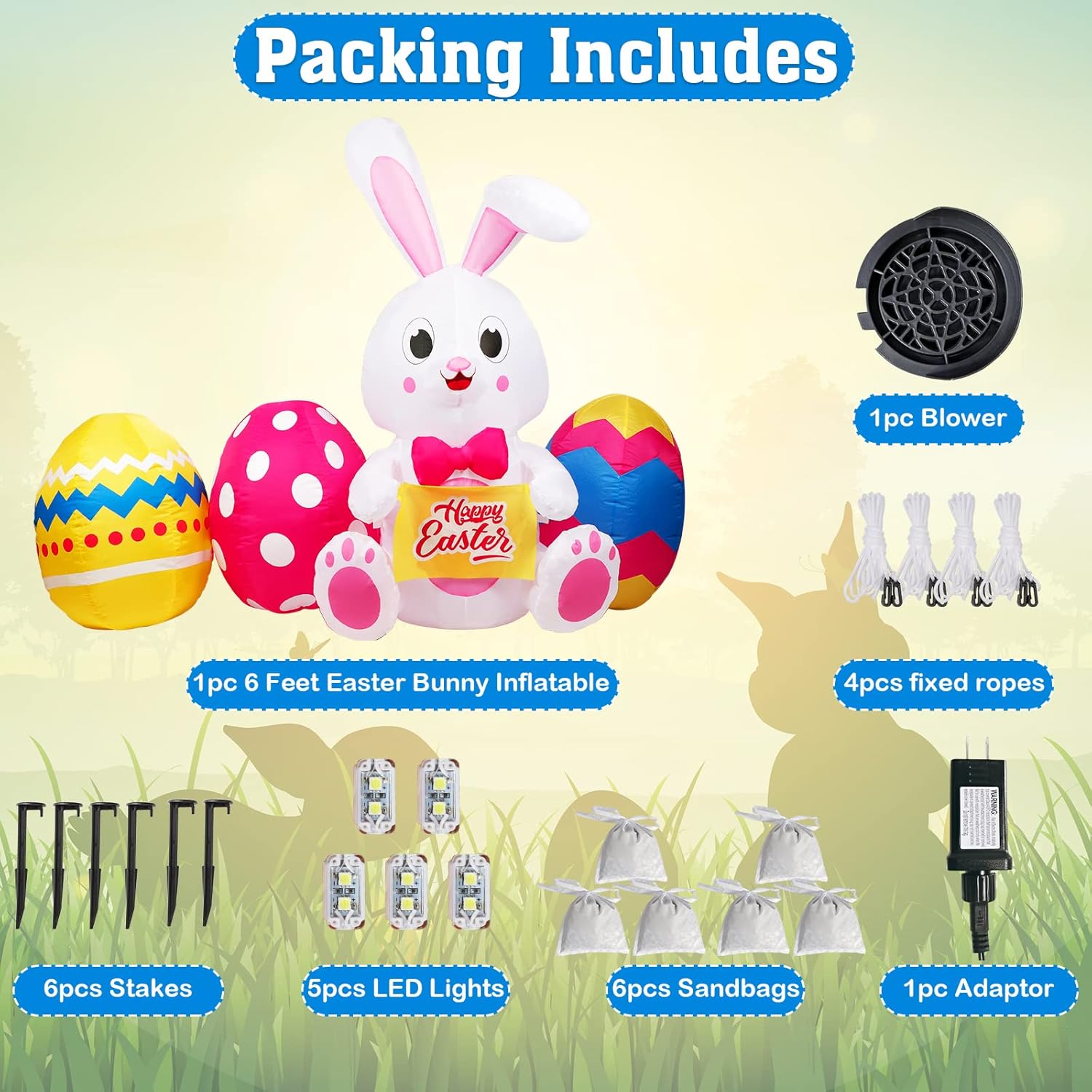 OurWarm 6 FT Easter Inflatables Outdoor Decorations Bunny and 3 Colorful Eggs, Build-in LED Lights Blow Up Yard Decorations for Easter Decor, Home Holiday Party Indoor, Outdoor, Garden, Lawn Decor