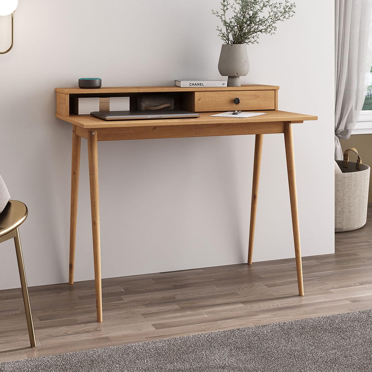 IDIMEX Schreibtisch Malina mit Aufsatz & Schublade aus Kiefer Massivholz, Eiche Farben- Bürotisch mit Stauraum & konischen Beinen, Stabiler PC-Tisch aus robusten Materialien