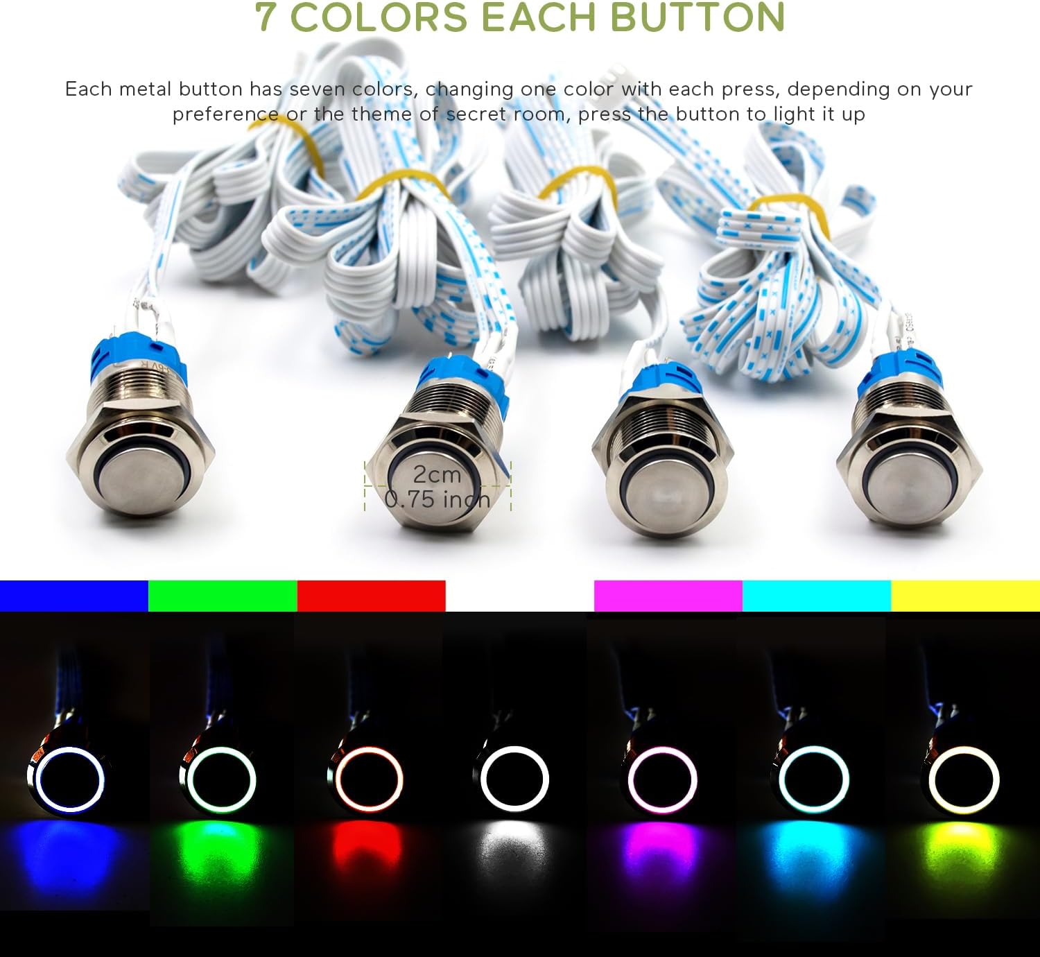 Close-up image of the metal buttons, illustrating the seven different LED colors they can display: red, yellow, blue, green, purple, white, and orange.