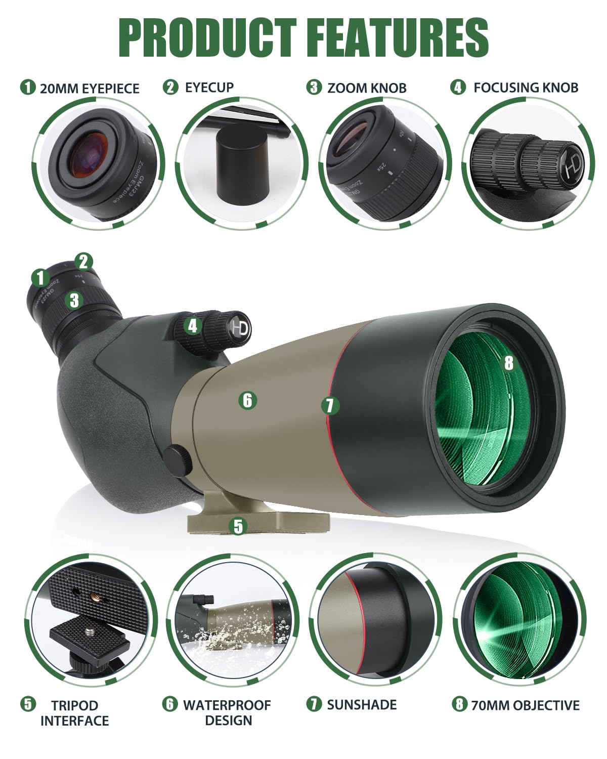 Telescopio ultra HD 25-75X60, doble enfoque ED, lente FMC impermeable, prisma BAK4 con estuche de transporte, trípode para tiro al objetivo, caza, observación de aves, paisajes de vida silvestre