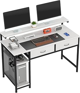 MUTUN 47" Computer Desk, Office Desk with Drawers, Home Office Desk with Adjustable Monitor Stand and Hook, Study Desk with Shelves, White