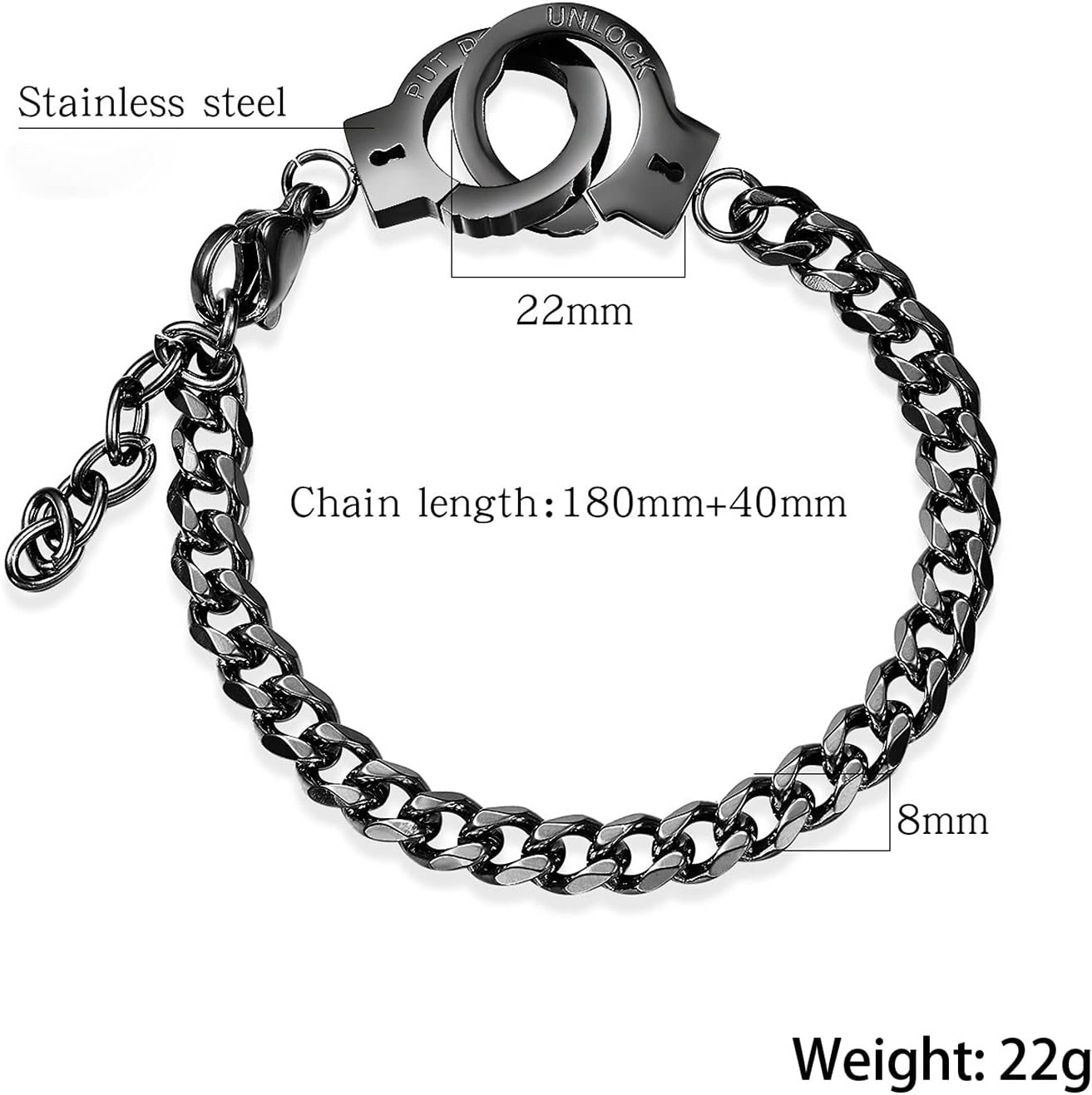 Handcuff bracelet, Stainless Steel Handcuff Chain Link Bracelet Adjustable Anklet Bracelet Partners in Crime Black Handcuff Statement Bracelet for Men Women - Image 2