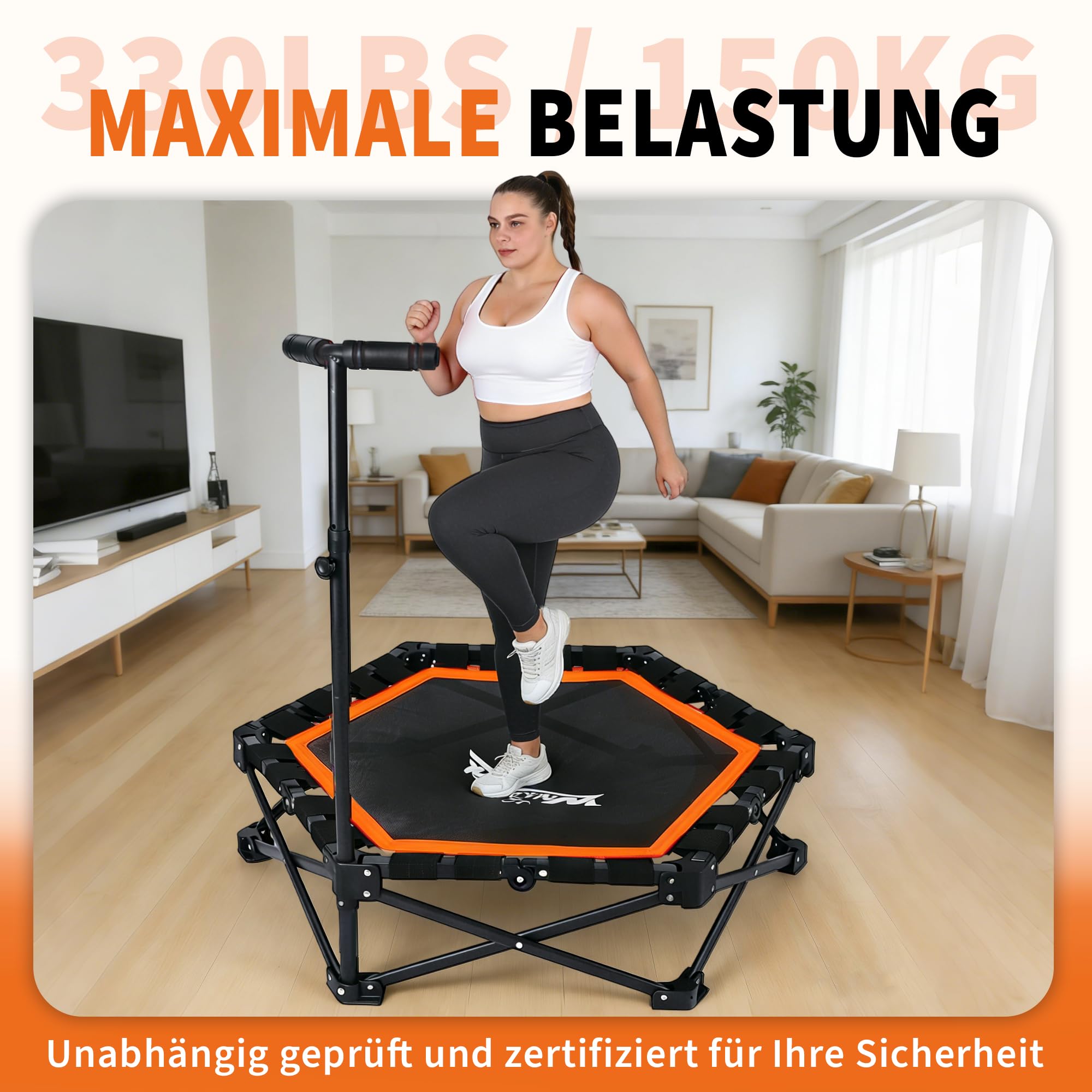 Trampolin Indoor Klappbar - Mini Trampolin mit Höhenverstellbarer Handgriff - Tragkraft 150 kg - Ø 86.5 cm - Jumping Trampolin Fitness für Erwachsene & Kinder - Sport Geräte für Zuhause