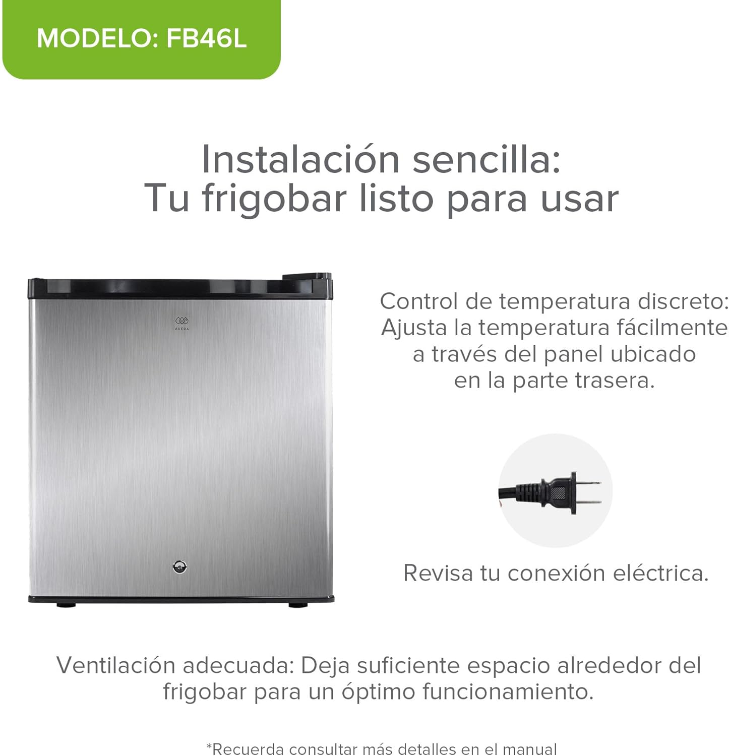 Image showing the AVERA FB46L frigobar with text indicating discrete temperature control at the back, a power plug, and the need for adequate ventilation around the unit.