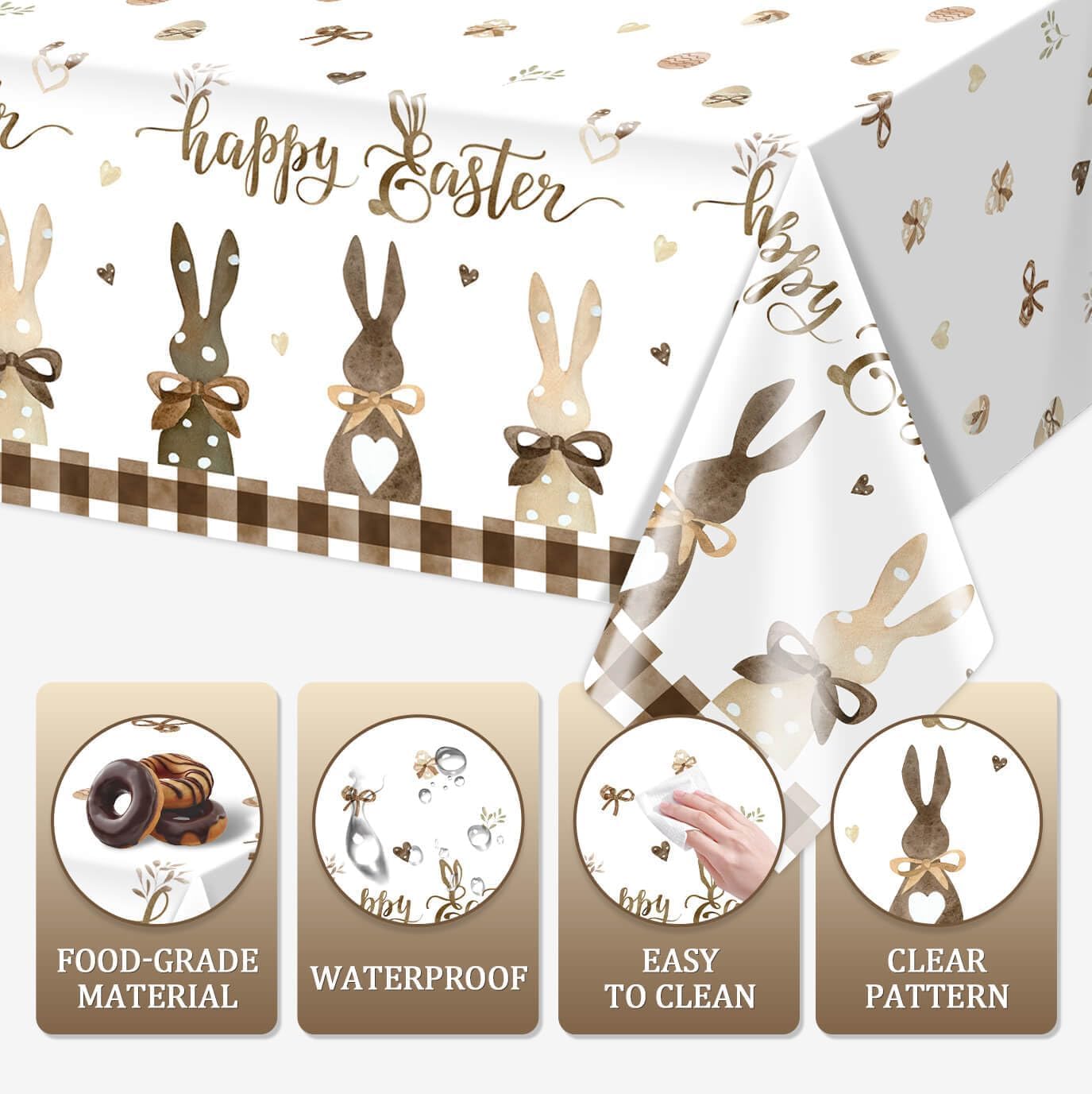 Vanulus 3Pcs Buffalo Plaid Bunny Happy Easter Party Tablecloth Seasonal Brown Rabbit Bunny Table Cover Rectangle Table Cloth for Spring Kitchen Dining Party Supplies 54x108 Inch image 3