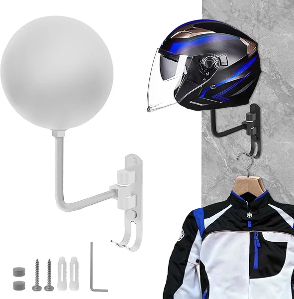 Motorcycle Helmet Rack, Helmet Holder Wall Mount 180° Rotation Hanger with 2 Hook for Coats, Caps, Motorcycle Accessories (White, 1 PCS)