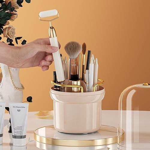 Miniatura 7 de THE LIMIT Caja organizadora de maquillaje giratoria de 360 grados, resistente al polvo, impermeable, 6 compartimentos, soporte para brochas