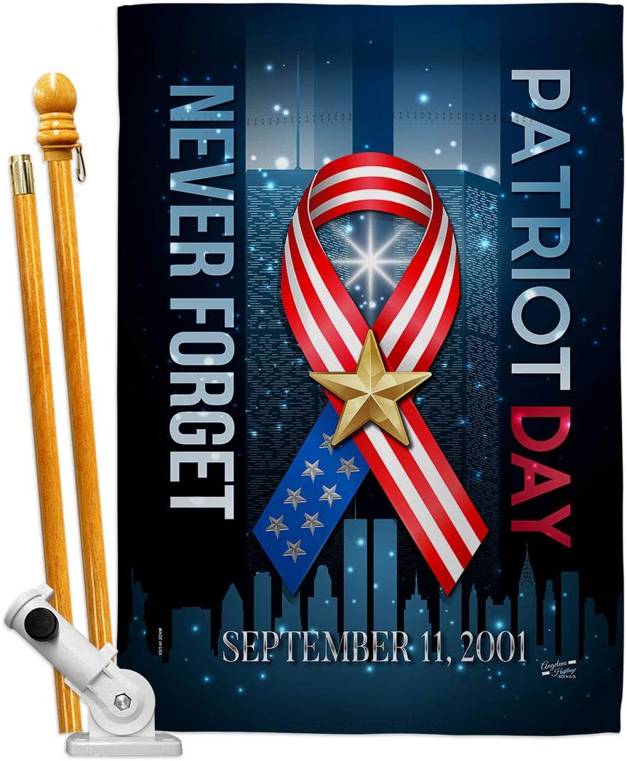 911 Never Forget House Flag Dowel Set Americana Patriot Day World Planet Peace Environment Awareness United State American Small Decorative Gift Yard Banner Double-Sided Made In USA 28 X 40