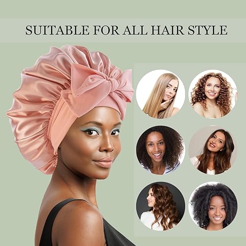 Miniatura 28 de Gorro de seda satinada para dormir, gorros grandes con banda de amarre con correas ajustables, gorras de dormir nocturnas para mujeres, cabello