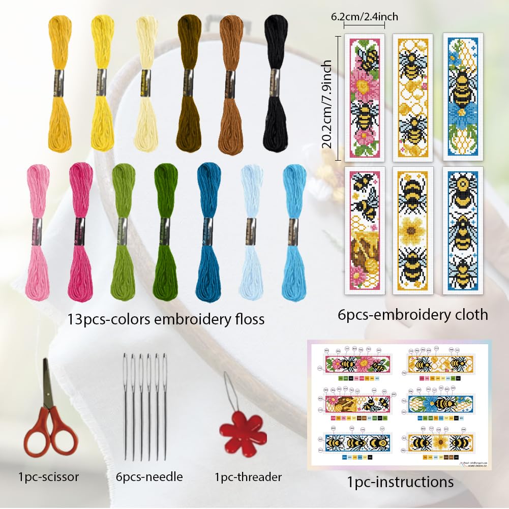 ORIGACH 6 Set Bees Cross Stitch Bookmark Kit for Beginner with Backing Felt Floss Instructions DIY Stamped Embroidery Bookmark Kit for Adults Book Lovers - Image 2