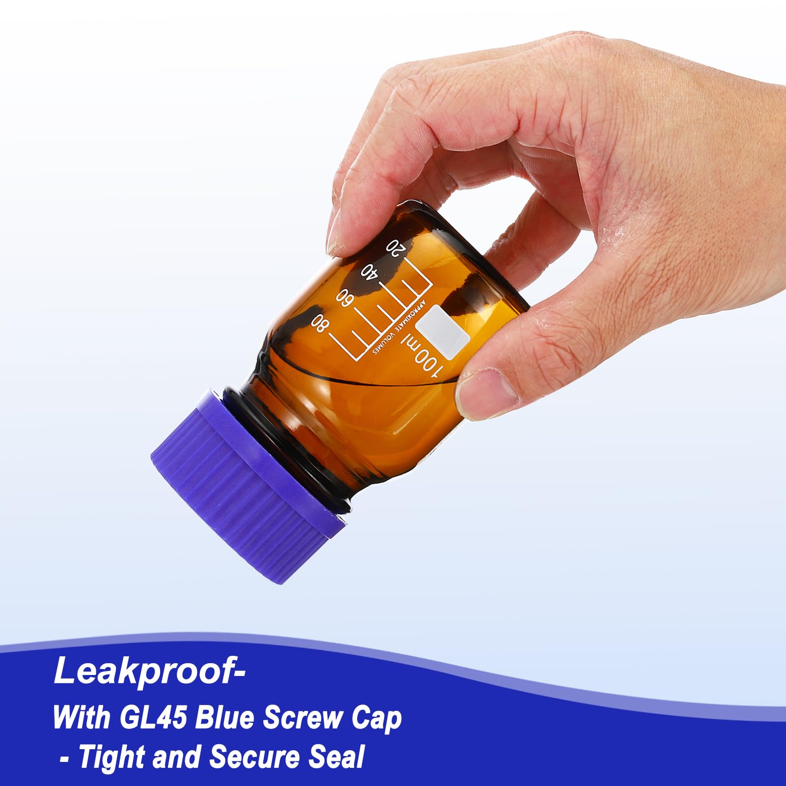 PATIKIL Flacone campione da 100 ml, confezione da 8 bottiglie per reagenti, in vetro borosilicato, rotonde graduate, con tappo a vite GL45 blu, per liquidi reagenti d'acqua di laboratorio, marrone