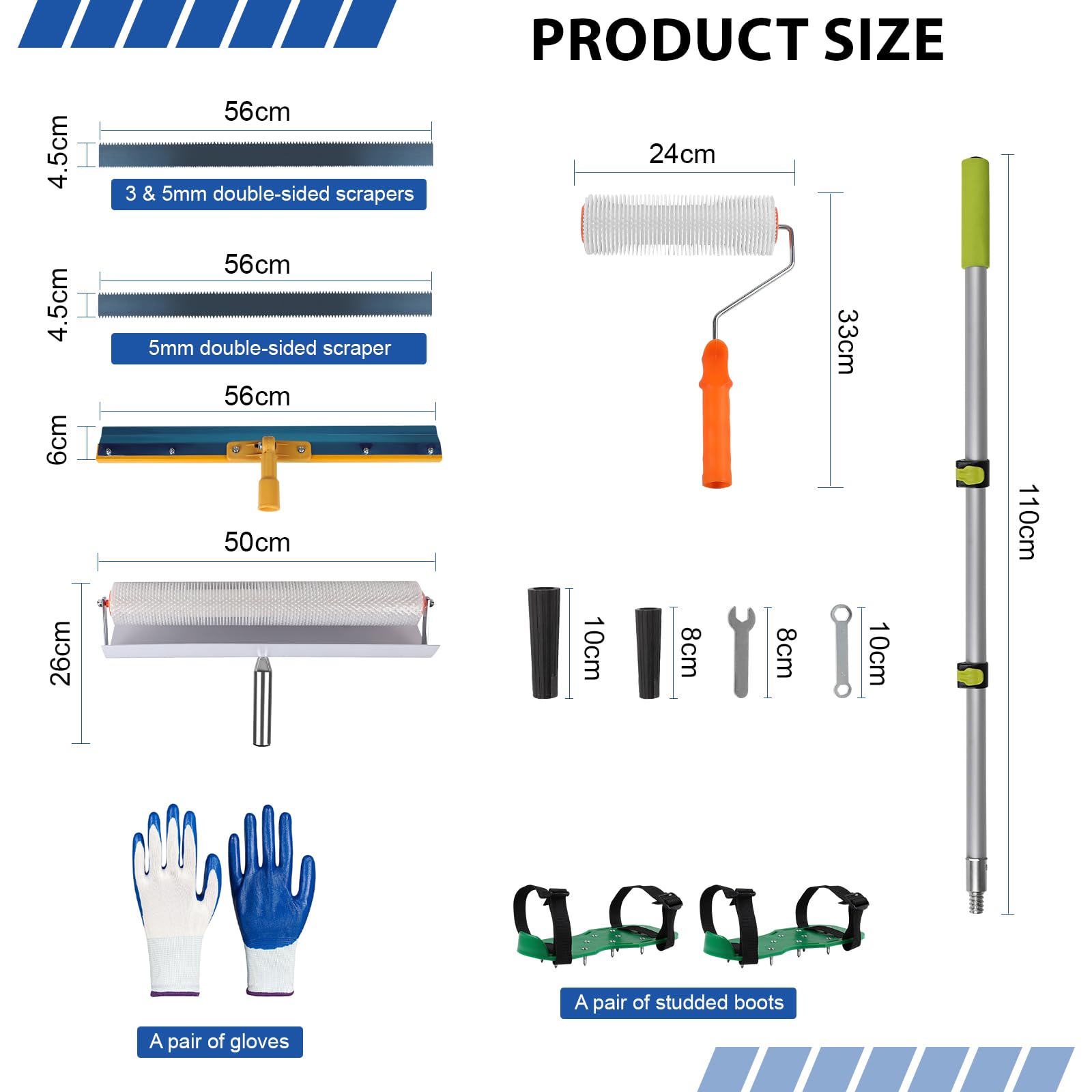 EXLECO 11er Bodenbeschichtung Set mit Spritzschutz - 50CM Stachelwalze, 23CM Entlüftungsroller, Doppelseitiger Stehrakel, Großflächenrakel für Ausgleichsmasse, Nagelschuhe, Handschuhe, Steckbügel