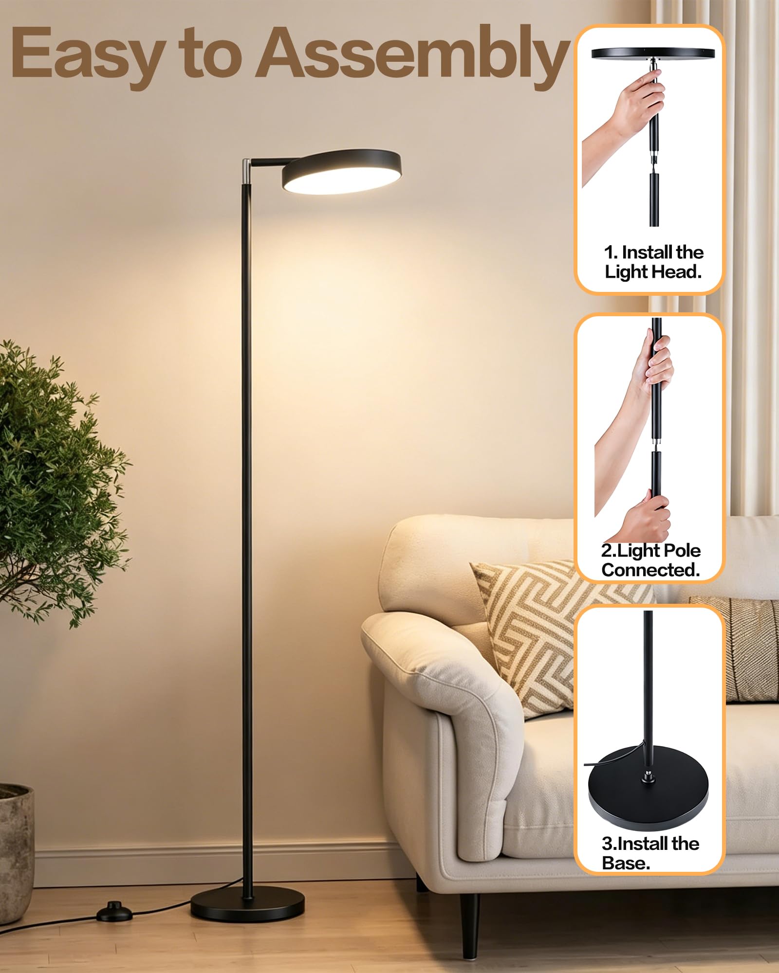 LED Stehlampe Wohnzimmer dimmbar mit Fernbedienung, Deckenfluter 163cm Höhe | 350° drehbarer Lampenkopf, Timer, Speicherfunktion, Kabel mit Fußschalter, schwarz, modern, für Wohnzimmer Schlafzimmer Büro