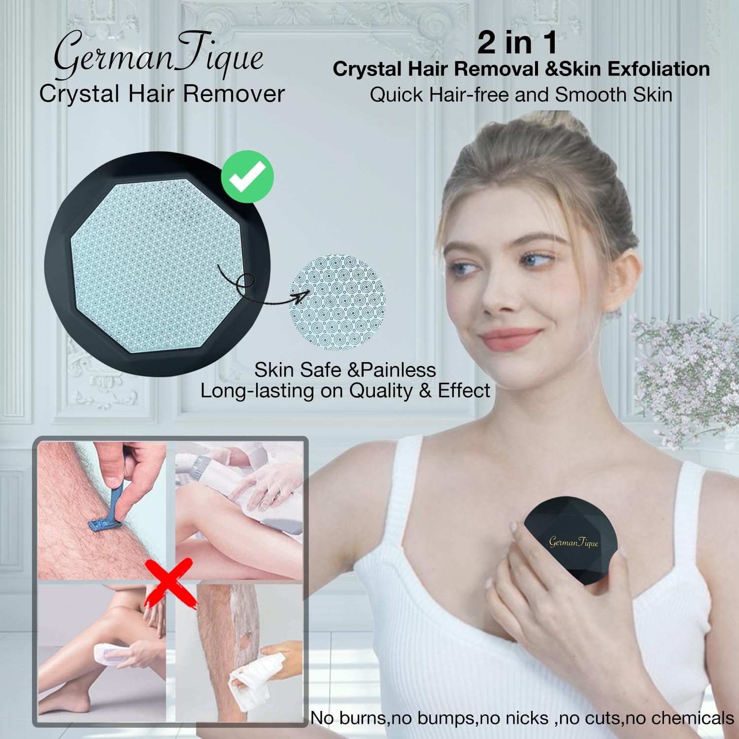 GERMANTIQUE Crystal Hair Eraser,Upgraded Crystal Hair Remover Diamond,Painless and Effective Nano Glass Hair Removal Stone and Skin Exfoliation,Natural Epilator for Women and Men(Black) - Image 3